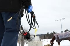 Contractor holding Rizer-Line self-regulating heating cable outdoors at farm beside horse